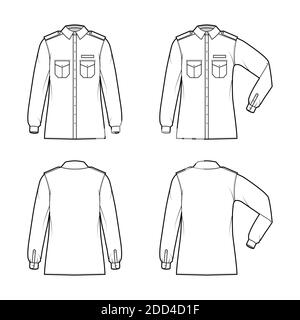 Shirt Militär technische Mode-Illustration mit Schulterklappen, Klappen schrägen Taschen, Ellbogenfalte Langarm, Relax-Passform, Button-Down, Kragen. Flache Schablone vorne, Rückseite weiß Farbe. Damen Herren Unisex-Shirt Stock Vektor