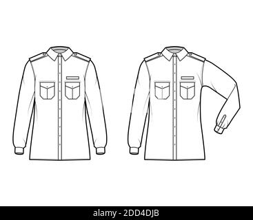 Shirt Militär technische Mode-Illustration mit Schulterklappen, Klappen schrägen Taschen, Ellbogenfalte Langarm, Relax-Passform, Button-Down, Kragen. Flache Schablone vorne, weiße Farbe. Damen Herren Unisex TOP CAD Stock Vektor