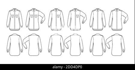 Set von Shirt Schulterklappen technische Mode Illustration mit Klappen schrägen Taschen, Ellenbogen falten Langarm, Button-Down, regulären Kragen. Flache Schablone vorne, Rückseite weiß Farbe. Damen Herren Unisex TOP CAD Stock Vektor