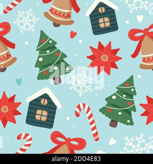 Weihnachtsmuster niedlichen saisonalen Elementen, Vektor-Illustration in flachen Stil Stock Vektor