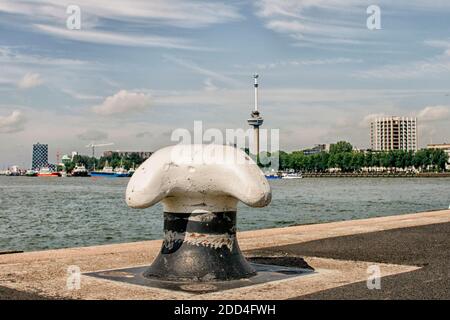 Blick auf Rotterdam und den Fluss Maze. Blickpunkt Euromast im Hintergrund. Stockfoto