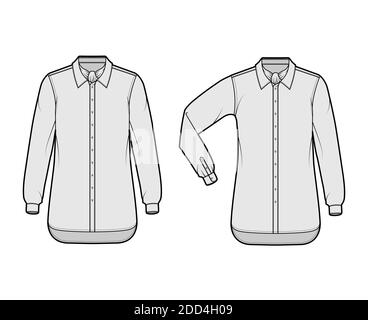 Set von Shirt ascot Streifen technische Mode Illustration mit Bindeband, Ellbogenfalte Langarm, Oversize, Button-Down, regulären Kragen. Flache Schablone vorne, graue Farbe. Damen Herren Unisex TOP CAD Mockup Stock Vektor