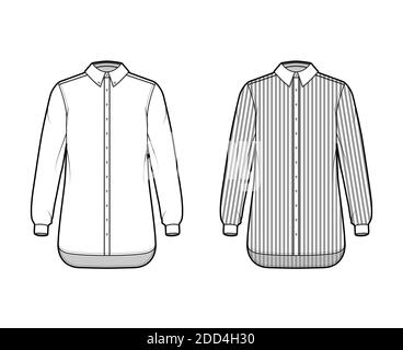 Set von Shirt klassischen und klerikalen Streifen technische Mode Illustration mit langen Ärmeln, Relax-Passform, Button-Down, regulären Kragen. Flache Schablone vorne, weiß, Farbe. Frauen Männer top CAD Mockup Stock Vektor