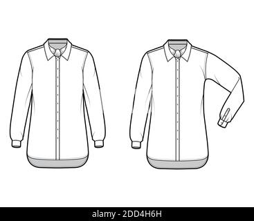 Set von Shirt ascot Streifen technische Mode Illustration mit Bindeband, Ellbogenfalte Langarm, Oversize, Button-Down, regulären Kragen. Flache Schablone vorne, weiße Farbe. Damen Herren Unisex TOP CAD Mockup Stock Vektor