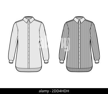 Set von Shirt klassischen und klerikalen Streifen technische Mode Illustration mit langen Ärmeln, Relax-Passform, Button-Down, regulären Kragen. Flache Schablone vorne, graue Farbe. Damen Herren Unisex TOP CAD Mockup Stock Vektor