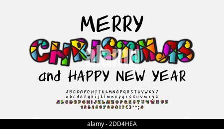 Helle kreative Grußkarte Frohe Weihnachten und Frohes neues Jahr. Kunstvolle Mosaikschrift Schrift und handschriftliche Schrift Alphabet schwarz Farbe. Vektor. Stock Vektor