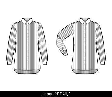 Set Hemd Bürostreifen technische Mode Illustration mit Ellbogenfalte lange Ärmel, Relax-Passform, Button-Down, regulären Kragen. Flache Schablone vorne weiß, Farbe. Damen Herren Unisex TOP CAD Mockup Stock Vektor