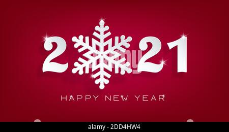 2021 Frohes neues Jahr. Kunstvoll realistisches Papier schneiden Zahlen und Schneeflocke. Festliche dekorative Hintergrund, Poster, Layout-Design, Grußkarte. Stock Vektor