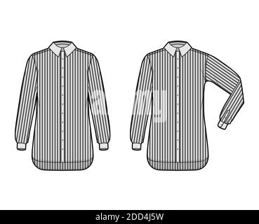Set Hemd Bürostreifen technische Mode Illustration mit Ellbogenfalte lange Ärmel, Relax-Passform, Button-Down, regulären Kragen. Flache Schablone vorne grau Farbe. Damen Herren Unisex TOP CAD Mockup Stock Vektor