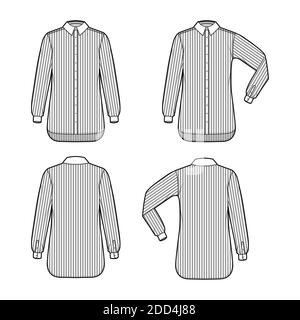 Set Hemd Bürostreifen technische Mode Illustration mit Ellbogenfalte lange Ärmel, Relax-Passform, Button-Down, regulären Kragen. Flache Schablone vorne, Rückseite weiß, Farbe. Damen Herren Unisex TOP CAD Mockup Stock Vektor