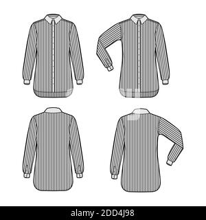 Set Hemd Bürostreifen technische Mode Illustration mit Ellbogenfalte lange Ärmel, Relax-Passform, Button-Down, regulären Kragen. Flache Schablone vorne, Rückseite graue Farbe. Damen Herren Unisex TOP CAD Mockup Stock Vektor