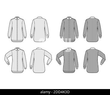 Set von Shirt klassischen und klerikalen Streifen technische Mode Illustration mit langen Ärmeln, Relax-Passform, Button-Down, regulären Kragen. Flache Schablone vorne, Rückseite graue Farbe. Damen Herren Unisex TOP CAD Mockup Stock Vektor