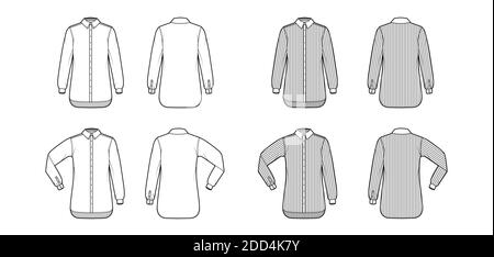 Set von Shirt klassischen und klerikalen Streifen technische Mode Illustration mit langen Ärmeln, Relax-Passform, Button-Down, regulären Kragen. Flache Schablone vorne, Rückseite weiß, Farbe. Frauen Männer top CAD Mockup Stock Vektor