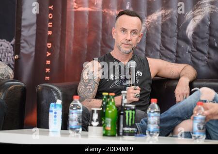 Adam Nergal Darski von der Band Behemoth bei einer Pressekonferenz während des Wacken Open Air Festivals am 1. August 2018 in Wacken, Deutschland. Foto von Julien Reynaud/APS-Medias/ABACAPRESS.COM Stockfoto