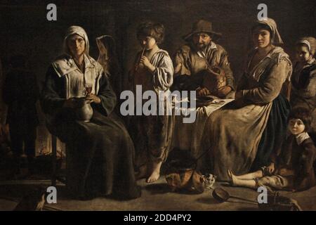 Louis Le Nain (1593-1648). Französischer Barockmaler. Bauernfamilie im Inneren. Neun Mitglieder einer Bauernfamilie werden durch das Feuer gruppiert dargestellt. Louvre Museum. Paris. Frankreich. Stockfoto