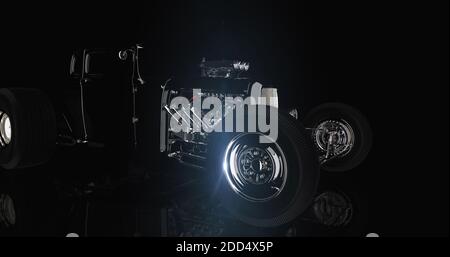 Hot Rod schwarz auf dunklem Hintergrund. 3D-Rendering Stockfoto