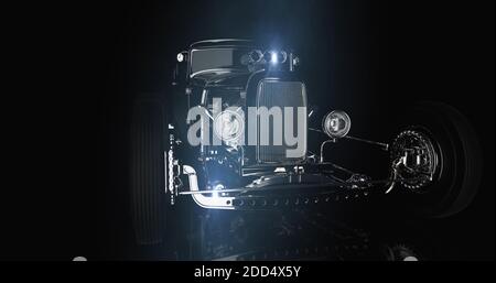 Hot Rod schwarz auf dunklem Hintergrund. 3D-Rendering Stockfoto