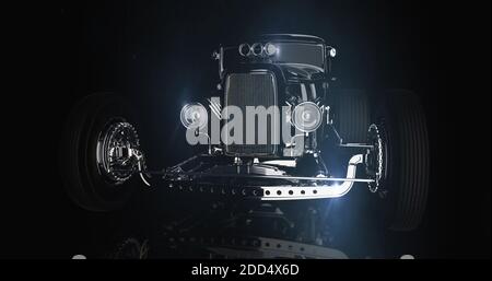 Hot Rod schwarz auf dunklem Hintergrund. 3D-Rendering Stockfoto