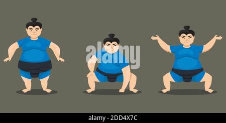 Sumo Wrestler in verschiedenen Posen. Weibliche Figur im Cartoon-Stil. Stock Vektor