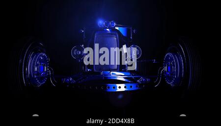 Hot Rod schwarz auf dunklem Hintergrund. 3D-Rendering Stockfoto