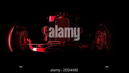 Hot Rod schwarz auf dunklem Hintergrund. 3D-Rendering Stockfoto