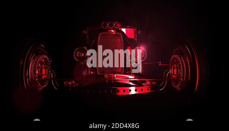 Hot Rod schwarz auf dunklem Hintergrund. 3D-Rendering Stockfoto