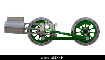 Die Räder der Lokomotive mit den Stangen und dem Dampfzylinder auf weiß. 3D-Rendering Stockfoto