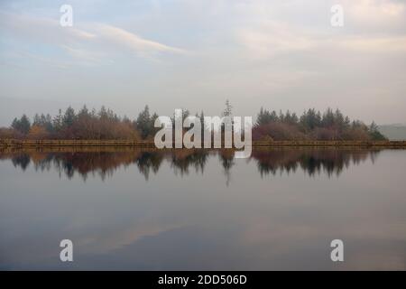 Warme, orange herbstliche Baumkronen in der Dämmerung, die über der Staumauer des mittleren Staudamms an den Redmires-Stauseen auftauchten. Drei entfernte Menschen sitzen an der Wand Stockfoto