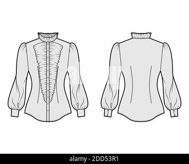 Shirt Habit technische Mode-Illustration mit langen Puffärmeln, Jabot, Slim Fit, Rüschen Kragen, Button-Down, vintage. Flache Schablone vorne, Rückseite graue Farbe. Frauen Männer top CAD Mockup Stock Vektor