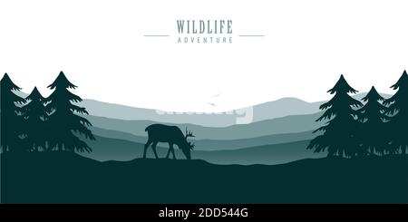 Wildtiere Hirsche im Wald mit Blick auf die Berge blaue Natur Landschaft vektorgrafik EPS10 Stock Vektor