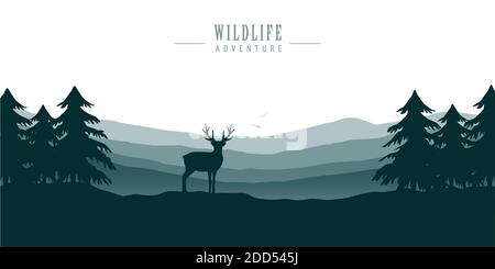 Wildtiere Hirsche im Wald mit Blick auf die Berge blaue Natur Landschaft vektorgrafik EPS10 Stock Vektor
