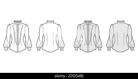 Shirt Habit technische Mode-Illustration mit langen Puffärmeln, Jabot, Slim Fit, Rüschen Kragen, Button-Down, vintage. Flache Schablone vorne, Rückseite weiß grau Farbe. Frauen Männer top CAD Mockup Stock Vektor