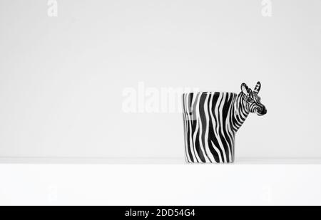 zebra-Tasse auf weißem Regal in der häuslichen Einrichtung Stockfoto