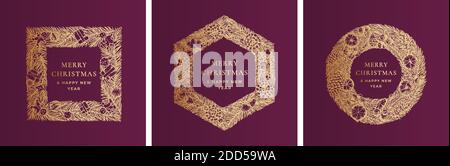 Weihnachtsgrüße Vektor Banner Vorlagen Set. Winter Holiday Symbol Doodle Kiefer Zweige Kranz Skizzen auf lila Hintergrund. Neujahrsrahmen Stock Vektor