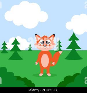Glücklicher Fuchs in einem Wald. Vektorgrafik Cartoon-Illustration. Isoliert. Niedlicher Charakter im flachen Stil. Stock Vektor
