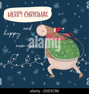 Weihnachtskarte mit Stier auf Schlittschuhe. Frohes neues Jahr und frohe Weihnachten Grußkarten. Banner, Poster, Aufkleber, Drucke und Haus Inneneinrichtung.TEM Stock Vektor