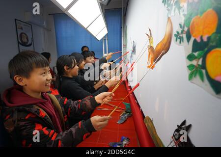 Shijiazhuang, Chinas Provinz Hebei. November 2020. Schüler erleben Schattenspiel an der Xiyoucun Grundschule in der Stadt Shahe, nordchinesische Provinz Hebei, 24. November 2020. Quelle: Fan Shihui/Xinhua/Alamy Live News Stockfoto