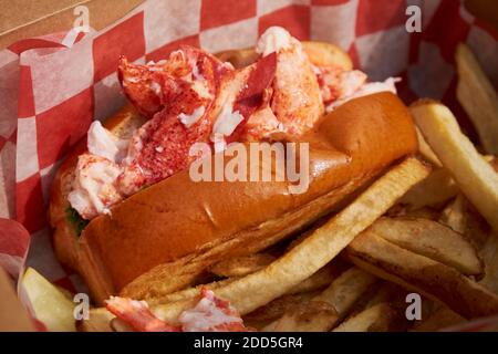 Ein Hotdog-Brötchen im New England-Stil, gefüllt für eine klassische, ikonische Hummerrolle. Mit pommes frites im Union River Lobster Pot in Ellsworth, Maine. Stockfoto