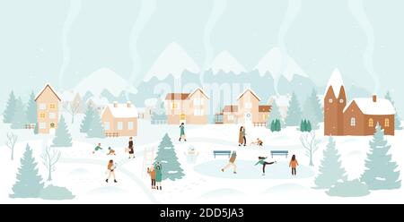 Winter Dorf, Schnee Weihnachten Landschaft Vektorgrafik. Cartoon aktive Menschen haben Spaß neben Weihnachtsbaum, Eislaufen und spielen mit Schneebällen, glücklich Winter Outdoor-Aktivität Hintergrund Stock Vektor