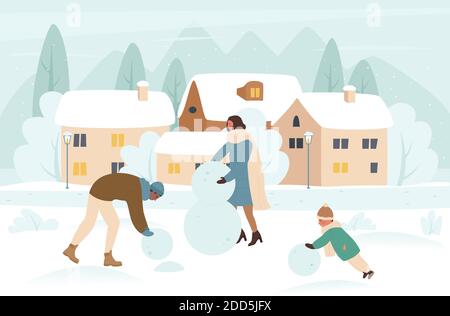 Familie Menschen machen Schneemann in Weihnachten Winter Urlaub Vektor-Illustration. Cartoon glücklich Vater Mutter und Kind Junge spielen zusammen in verschneiten Stadtpark, machen Weihnachten Schneemann mit Schneebällen Hintergrund Stock Vektor