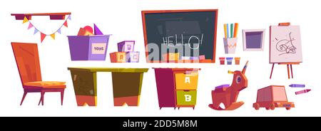 Kinder Spielzimmer oder Schulmöbel und Ausrüstung Kreidetafel, Schreibtisch und Stuhl, Block Würfel, Spielzeug für Kinder Spiele und Holzpferd mit Farben und Staffelei, Cartoon-Vektor-Set isoliert auf weißem Hintergrund Stock Vektor