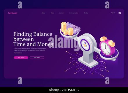 Zeit- und Geldausgleich nach Maß. Konzept der Vergleichsarbeit und des Wertes, des finanziellen Gewinns. Vektor Landing Page mit isometrischer Darstellung von Münzen, Bargeld und Uhr auf der Waage Stock Vektor
