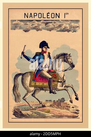 NAPOLEON 1er KRIEGSPLAKAT' NAPOLEON Ier BONAPARTE PFERD antikes epinaldruckplakat für Napoleon 1 auf seinem Pferd. Napoleon Bonaparte (15. August 1769 – 5. Mai 1821), geborener Napoleone di Buonaparte, mit dem Beinamen 'Le Corse' (der Korse) oder 'Le Petit Caporal' (der kleine Korporal), war ein französischer Staatsmann und Militärführer, der während der Französischen Revolution als Artilleriekommandeur berüchtigt wurde. Er führte viele erfolgreiche Kampagnen während der französischen Revolutionskriege und war Kaiser der Franzosen als Napoleon I. von 1804 bis 1814 und wieder kurz in 1815 während der hundert Tage. Stockfoto