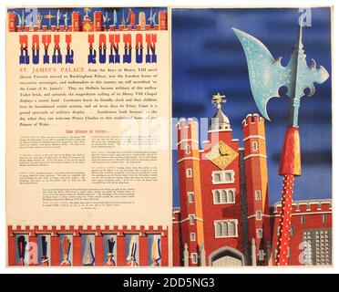 Vintage 1950 's Reise-Plakat Werbung für Royal London St James's Palace, Plakat gedruckt für London Transport von Waterlow 1953 -von David Lewis mit Chapels Royal, Clarence House, Green Park, Marlborough House, Pall Mall, St. James Street Stockfoto