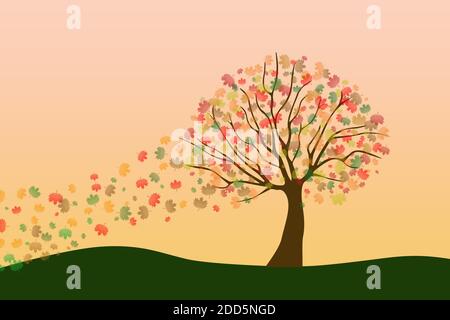 Eine einfache Illustration eines Ahornbaums im Herbst mit zu Boden fallenden Blättern. Stockfoto