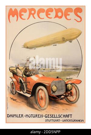 Mercedes Werbeplakat des Jahrgangs 1900, Daimler-Motoren, original Poster gedruckt von Imp. D’Art L, Lafontaine, Paris 1910 von Henri Rudeaux (1870-1927) 1910 Open Tourer Mercedes 'Daimler Motoring Society' mit Luftschiff Zeppelin im Hintergrund Stockfoto