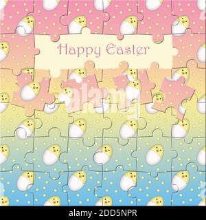 Eine quadratische Karte Design Illustration eines Puzzles in Pastellfarben mit Ostern Küken und Stücke entfernt, um die Botschaft Frohe Ostern. offenbaren Stockfoto