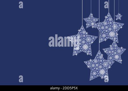 Illustration von hängenden Weihnachtsstern Ornamente in weißen Schneeflocken vor einem dunkelblauen Hintergrund mit Platz für Text bedeckt. Stockfoto