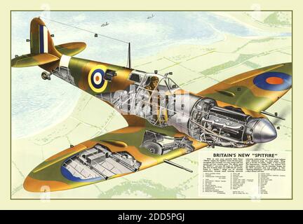 SPITFIRE Cutaway Illustration Vintage WK2 Propaganda Poster Britisches Plakat zum Zweiten Weltkrieg 'Britain's New Spitfire'. Abbildung zeigt einen Spitfire Mark VB. 1940 Schlacht von Großbritannien RAF Stockfoto