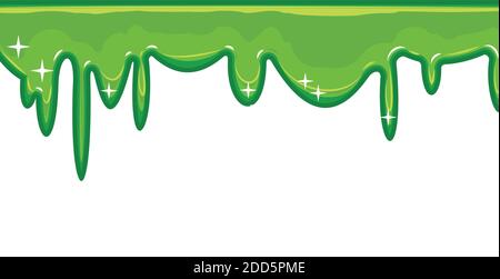 Fließt von grüner Flüssigkeit. Dick fließende Farbe. Schleim. Die Tropfen rutschen. Das isolierte Objekt auf weißem Hintergrund. Flacher Cartoon-Stil. Rahmen. Stockfoto